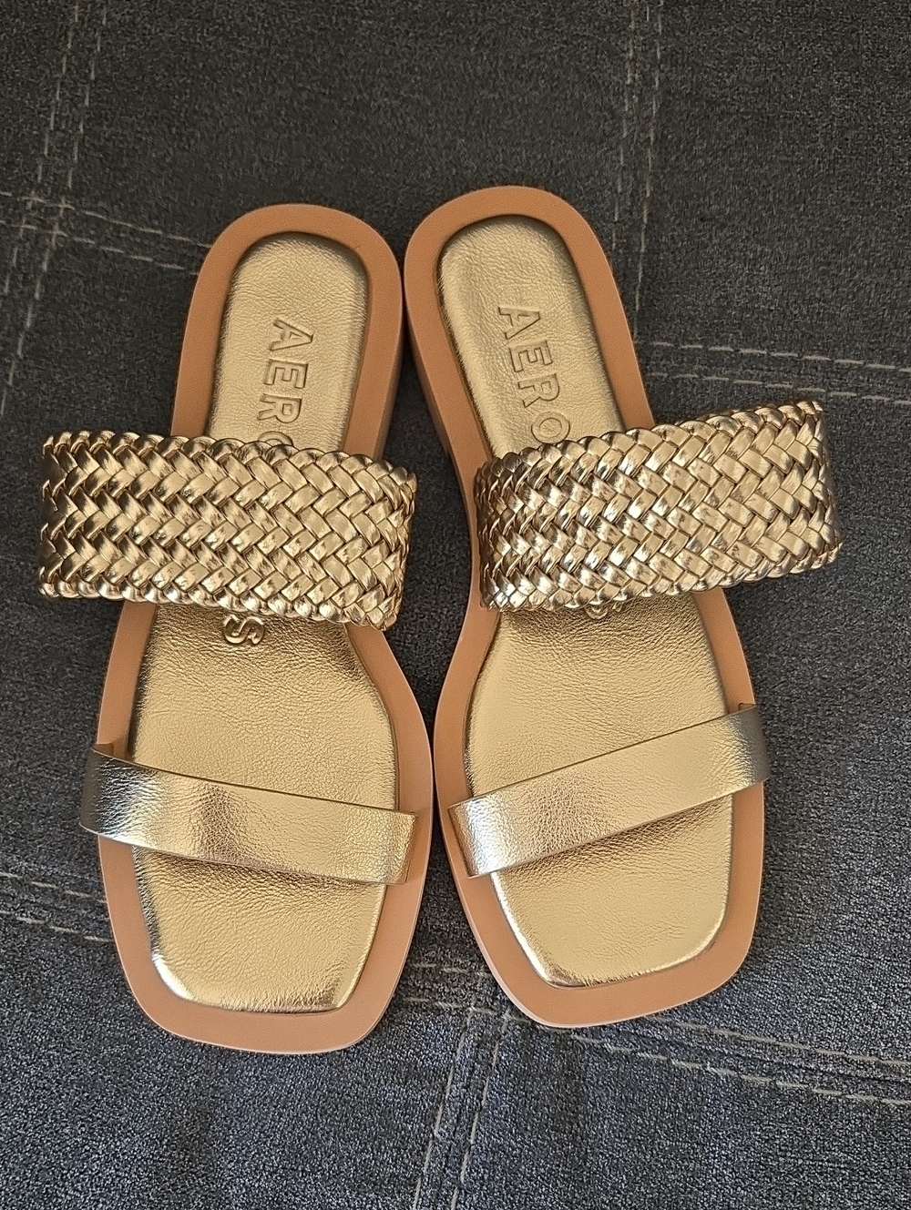 AEROSOLES Metallic Gold Braided and Strap Slide Sandals
